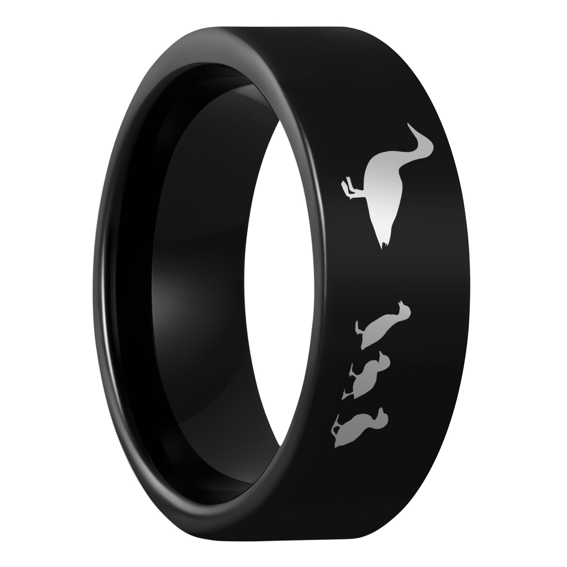 One Duck & Ducklings Black Tungsten Men's Wedding Band displayed on a plain white background