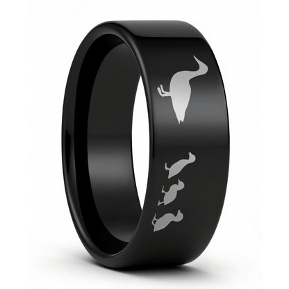 One Duck & Ducklings Black Tungsten Men's Wedding Band displayed on a plain white background