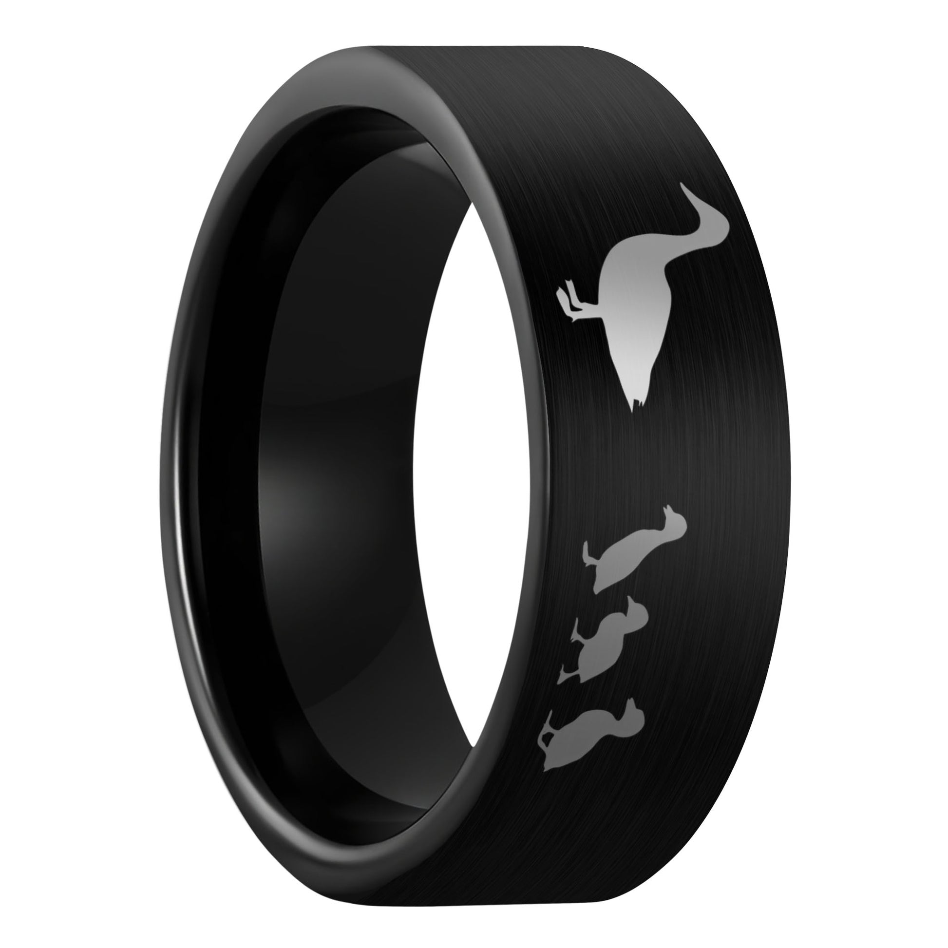 A duck ducklings brushed black tungsten men's wedding band displayed on a plain white background.