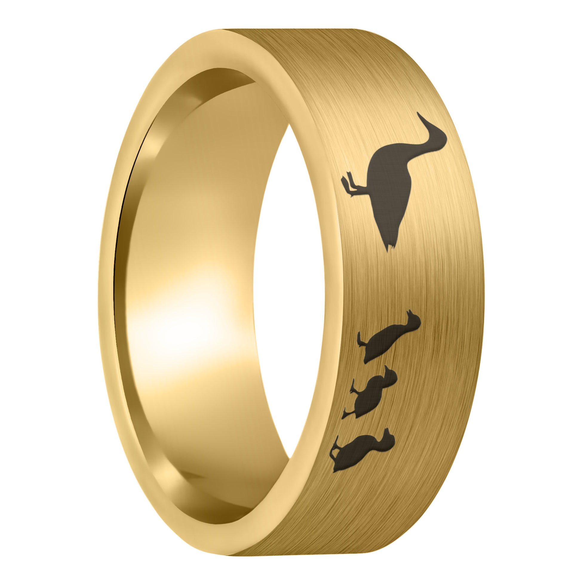A duck ducklings brushed gold tungsten men's wedding band displayed on a plain white background.