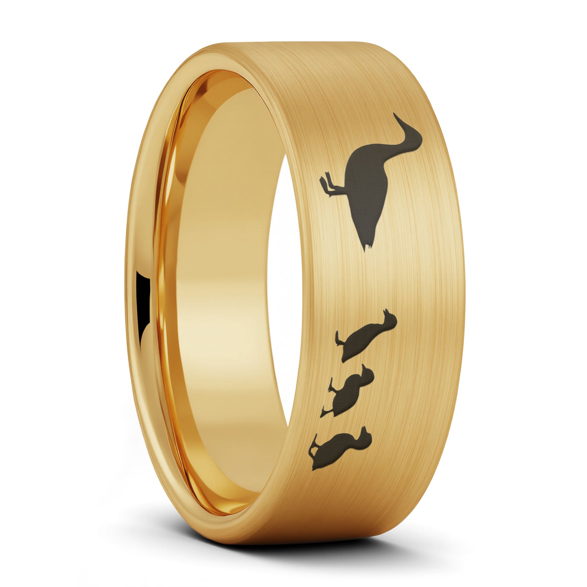 A duck ducklings brushed gold tungsten men's wedding band displayed on a plain white background.