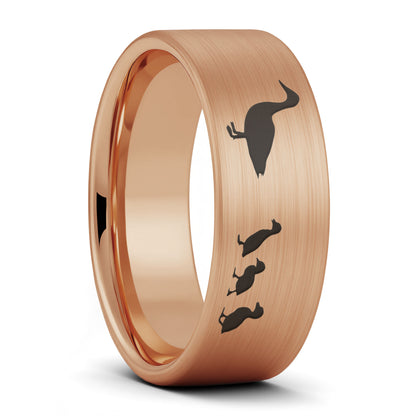 A duck ducklings brushed rose gold tungsten men's wedding band displayed on a plain white background.