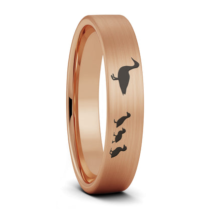 A duck ducklings brushed rose gold tungsten women's wedding band displayed on a plain white background.