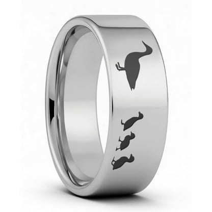 One Duck & Ducklings Tungsten Men's Wedding Band displayed on a plain white background