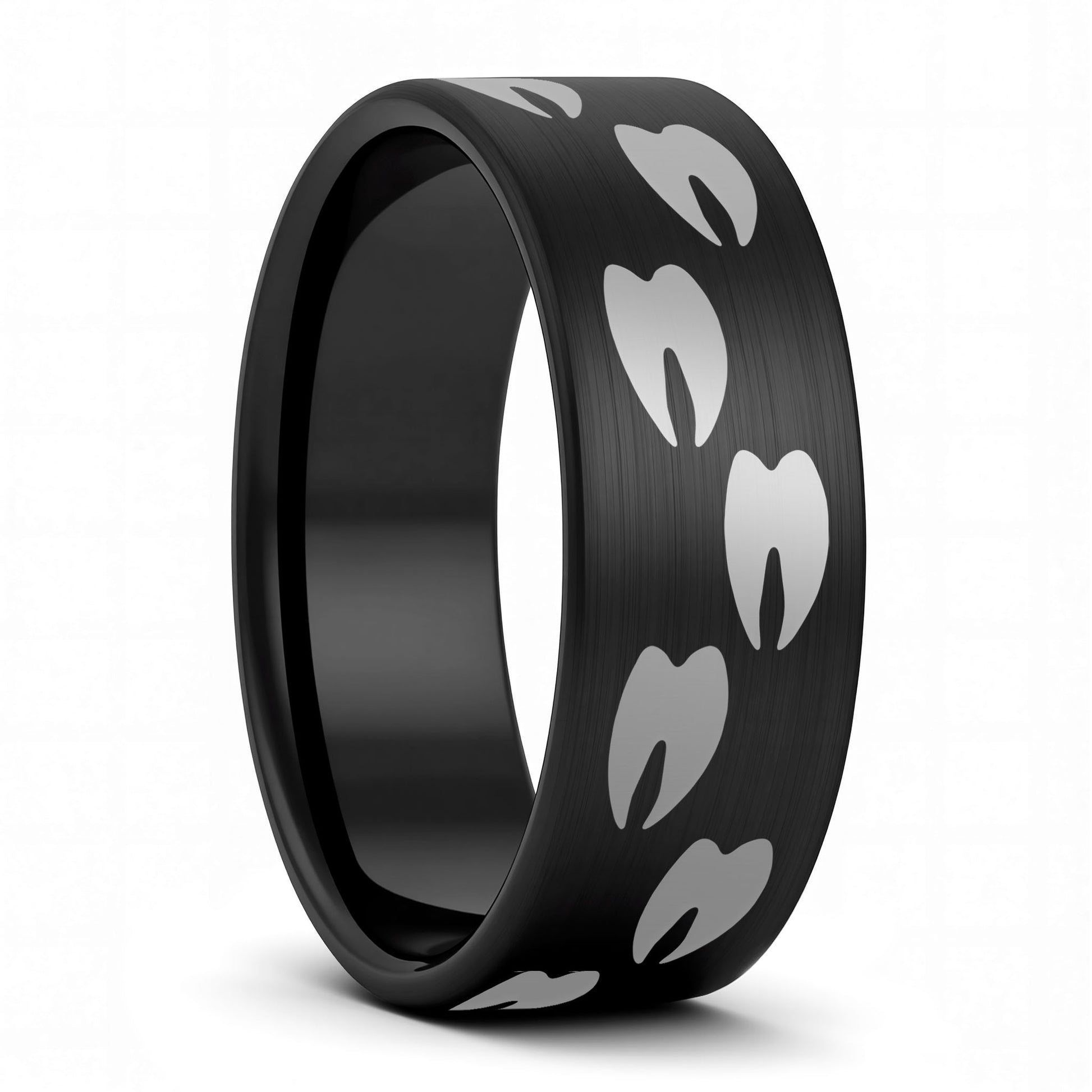 A elk tracks brushed black tungsten men's wedding band displayed on a plain white background.
