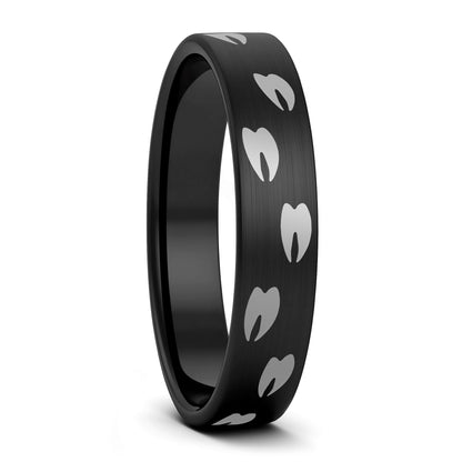 A elk tracks brushed black tungsten women's wedding band displayed on a plain white background.