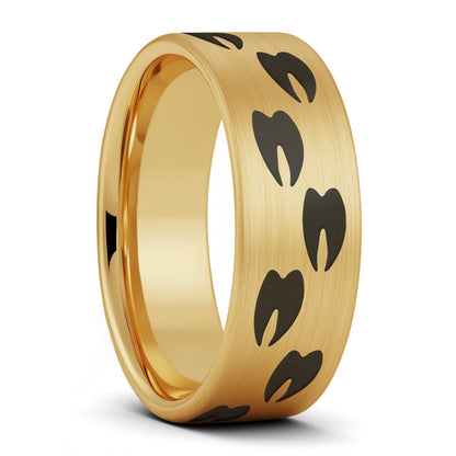 A elk tracks brushed gold tungsten men's wedding band displayed on a plain white background.
