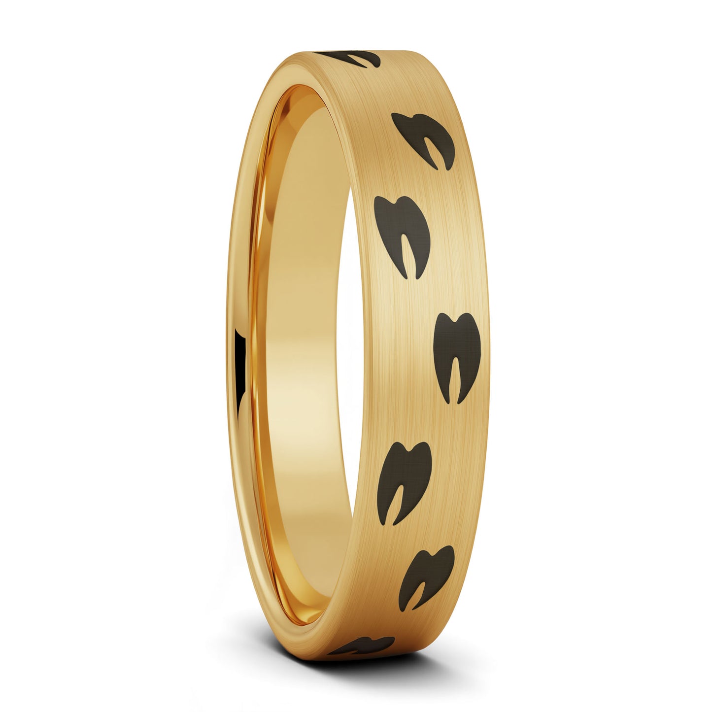 A elk tracks brushed gold tungsten women's wedding band displayed on a plain white background.