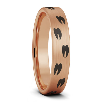 A elk tracks brushed rose gold tungsten women's wedding band displayed on a plain white background.