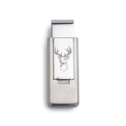 A engraved flip money clip displayed on a neutral white background.