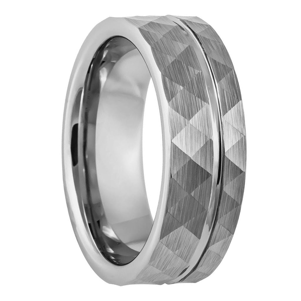 Faceted Asymmetrical Grooved Tungsten Men's Wedding Band