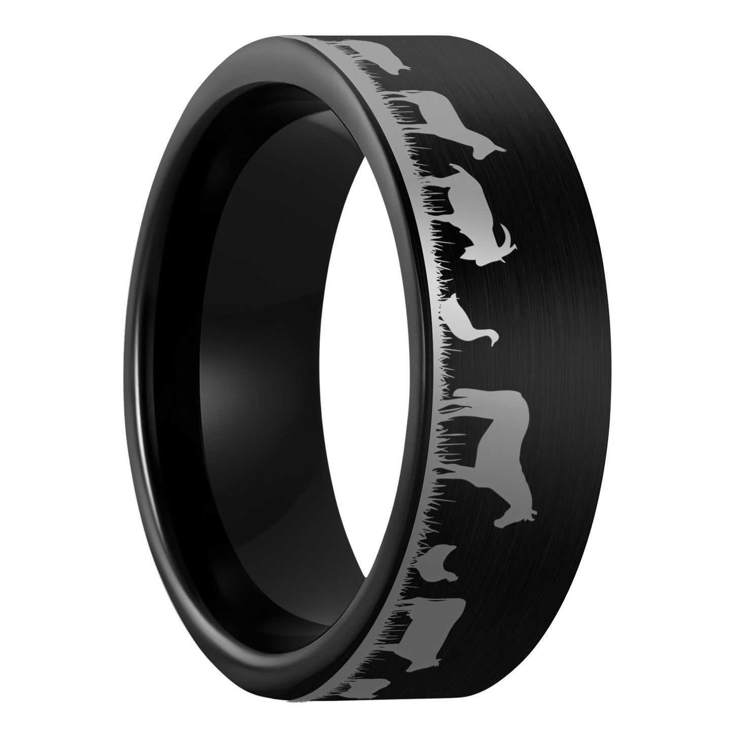 A farm animals brushed black tungsten men's wedding band displayed on a plain white background.