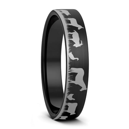 A farm animals brushed black tungsten women's wedding band displayed on a plain white background.