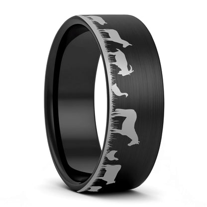 A farm animals brushed black tungsten men's wedding band displayed on a plain white background.