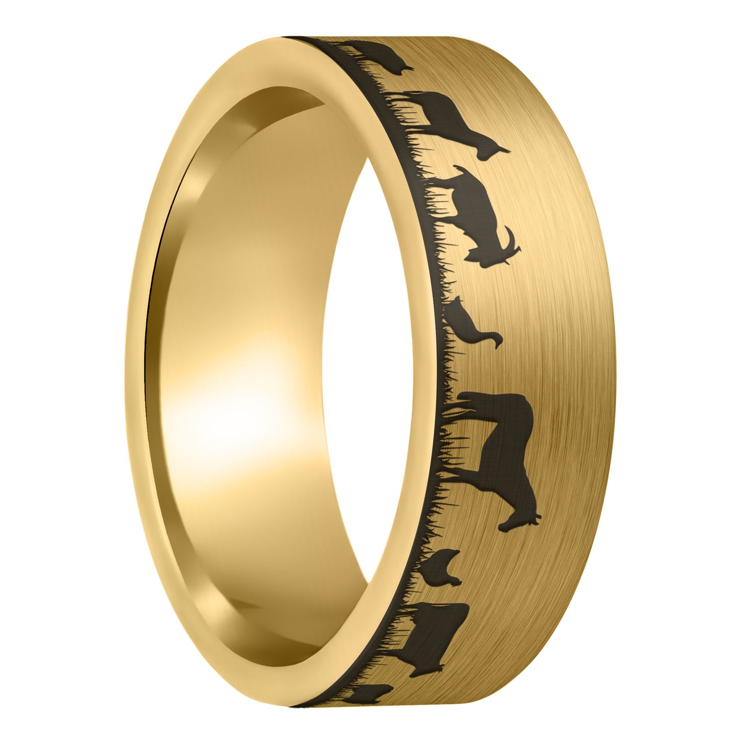 A farm animals brushed gold tungsten men's wedding band displayed on a plain white background.