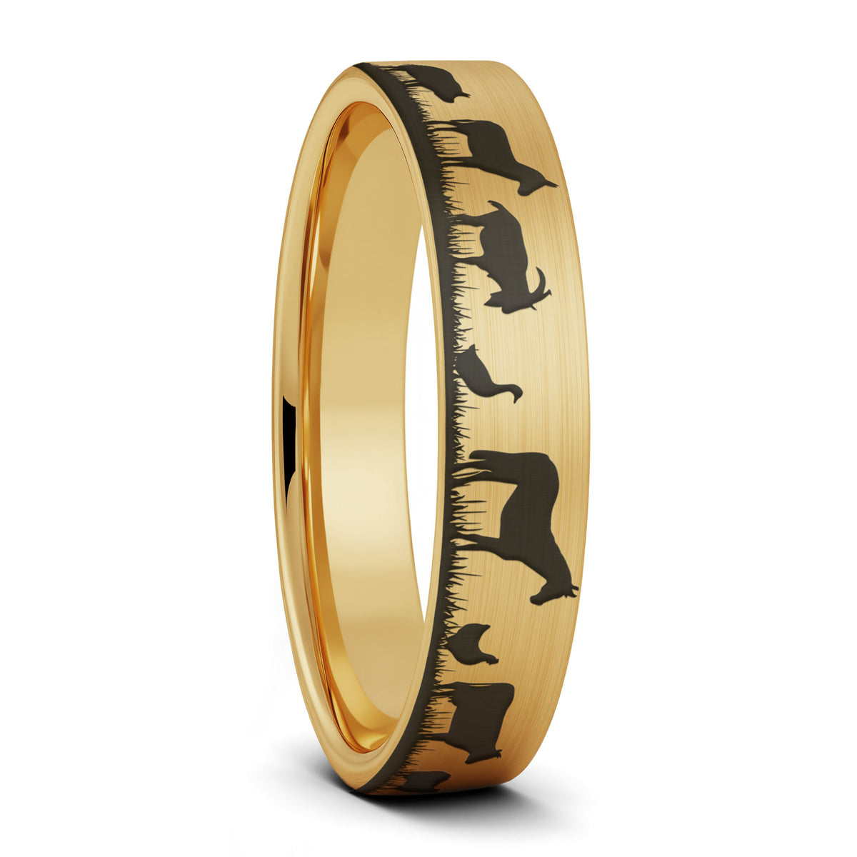 A farm animals brushed gold tungsten women's wedding band displayed on a plain white background.