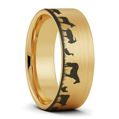 A farm animals brushed gold tungsten men's wedding band displayed on a plain white background.