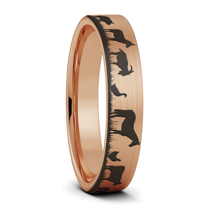 A farm animals brushed rose gold tungsten women's wedding band displayed on a plain white background.
