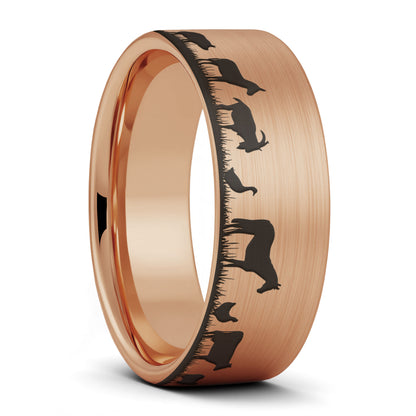 A farm animals brushed rose gold tungsten men's wedding band displayed on a plain white background.