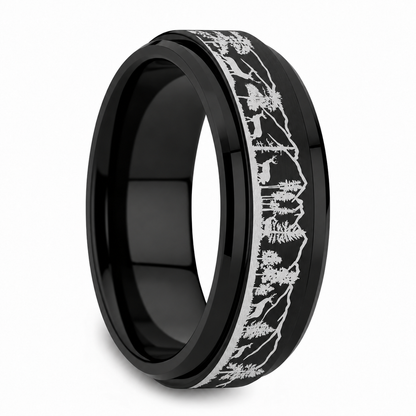 Deer & Mountain Range Engraved Spinner Tungsten Wedding Band