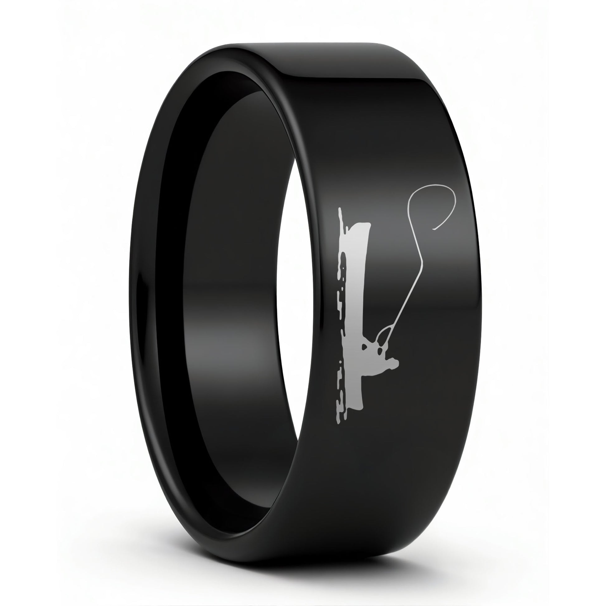 One Fisherman Boat Scene Black Tungsten Men's Wedding Band displayed on a plain white background