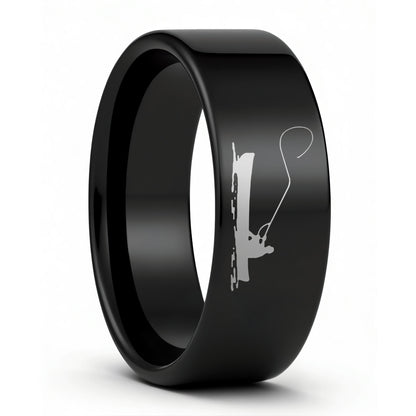 One Fisherman Boat Scene Black Tungsten Men's Wedding Band displayed on a plain white background