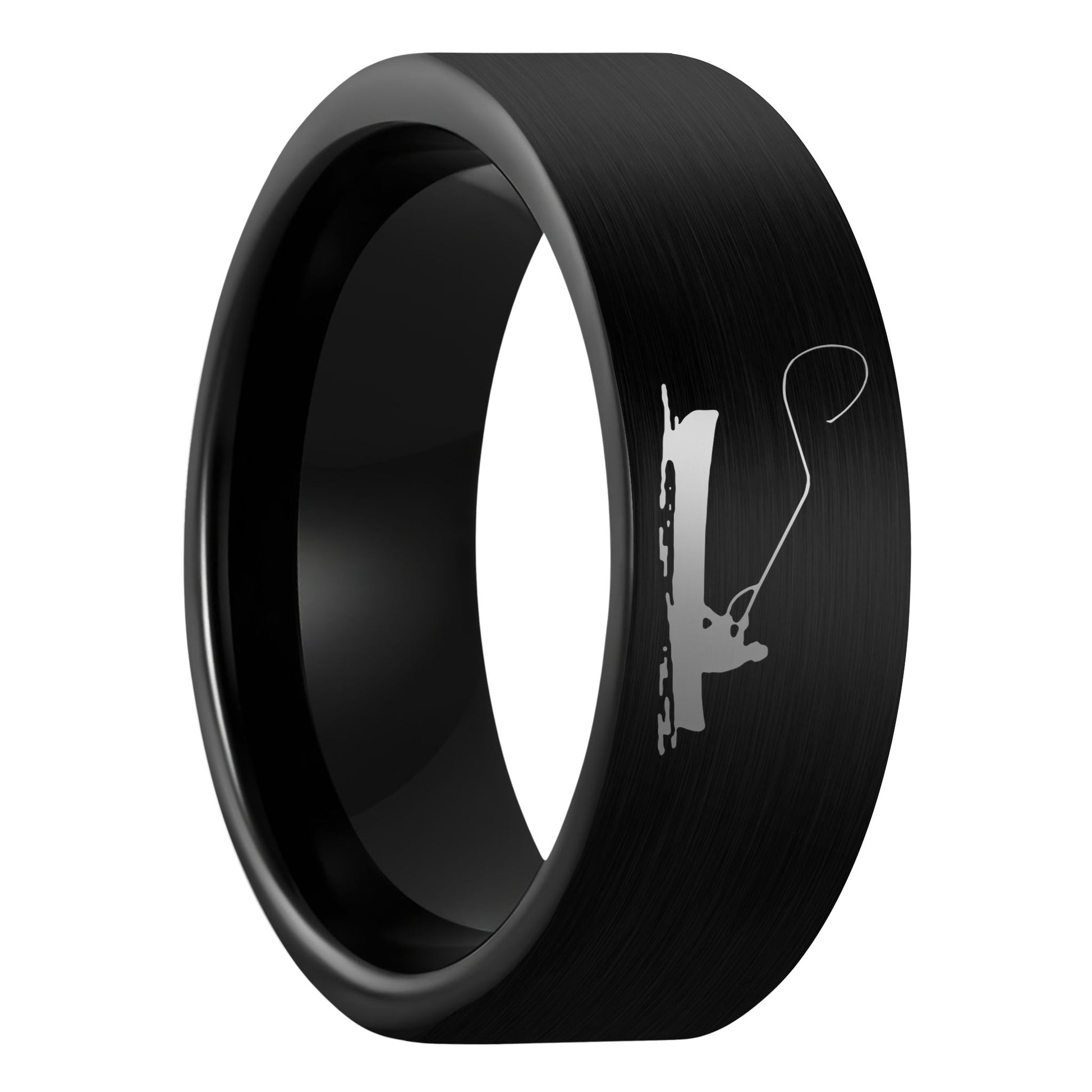 A fisherman boat scene brushed black tungsten men's wedding band displayed on a plain white background.