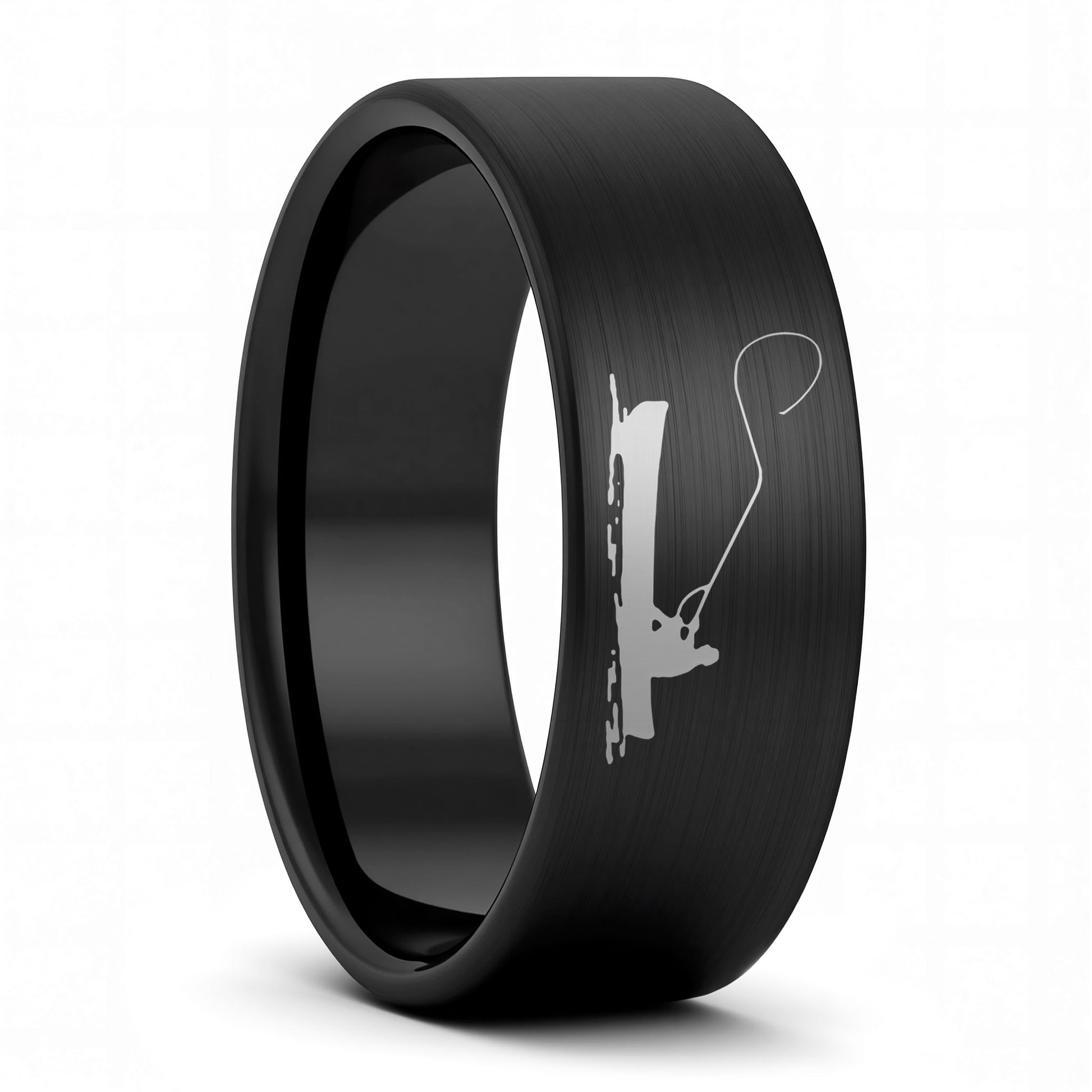 A fisherman boat scene brushed black tungsten men's wedding band displayed on a plain white background.