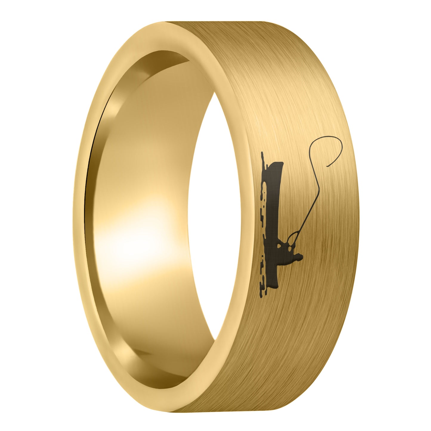 A fisherman boat scene brushed gold tungsten men's wedding band displayed on a plain white background.