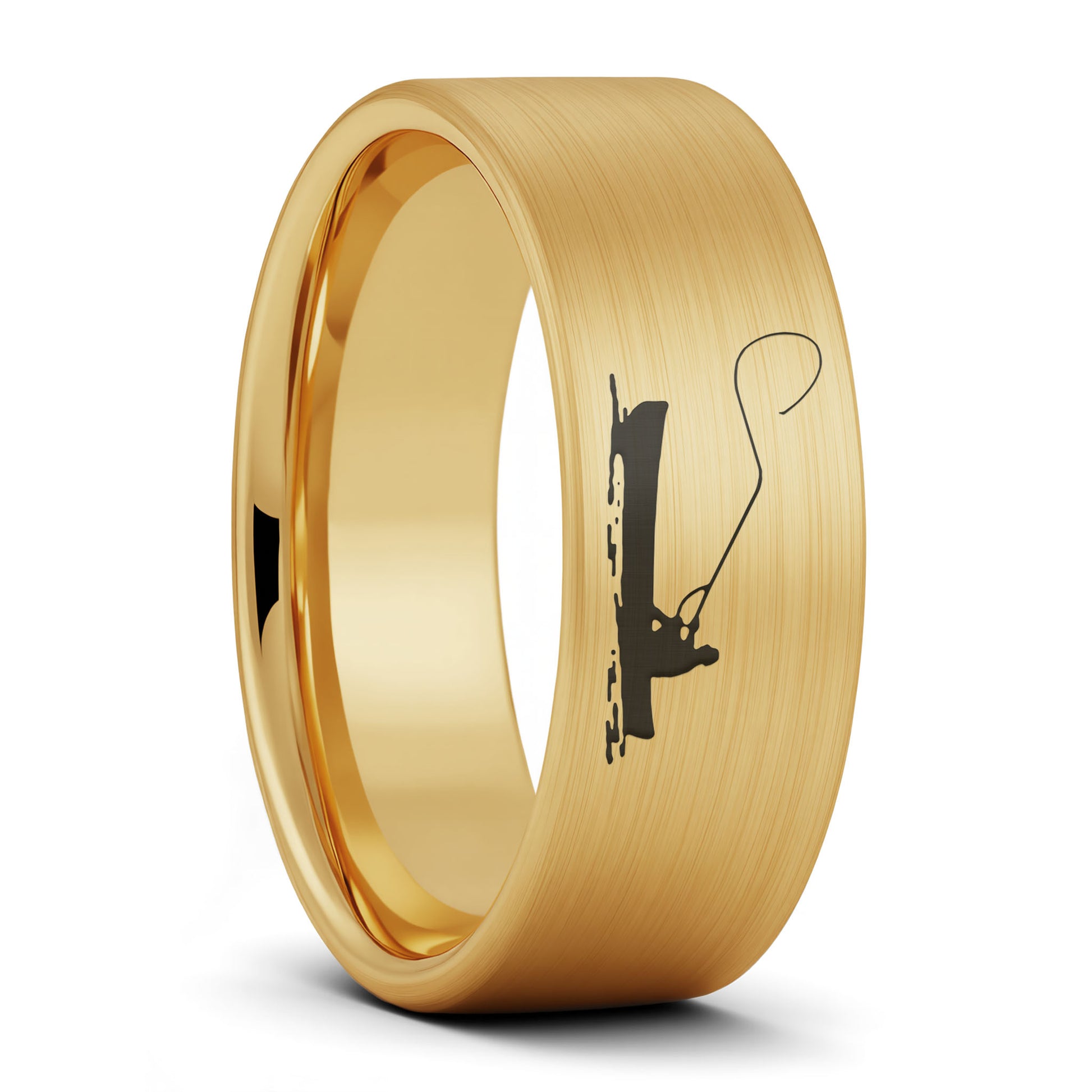 A fisherman boat scene brushed gold tungsten men's wedding band displayed on a plain white background.