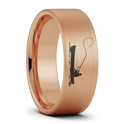 A fisherman boat scene brushed rose gold tungsten men's wedding band displayed on a plain white background.
