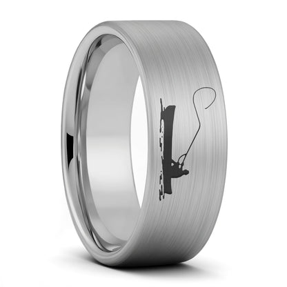 Alliance pour homme en tungstène doré brossé avec scène de bateau de pêcheur