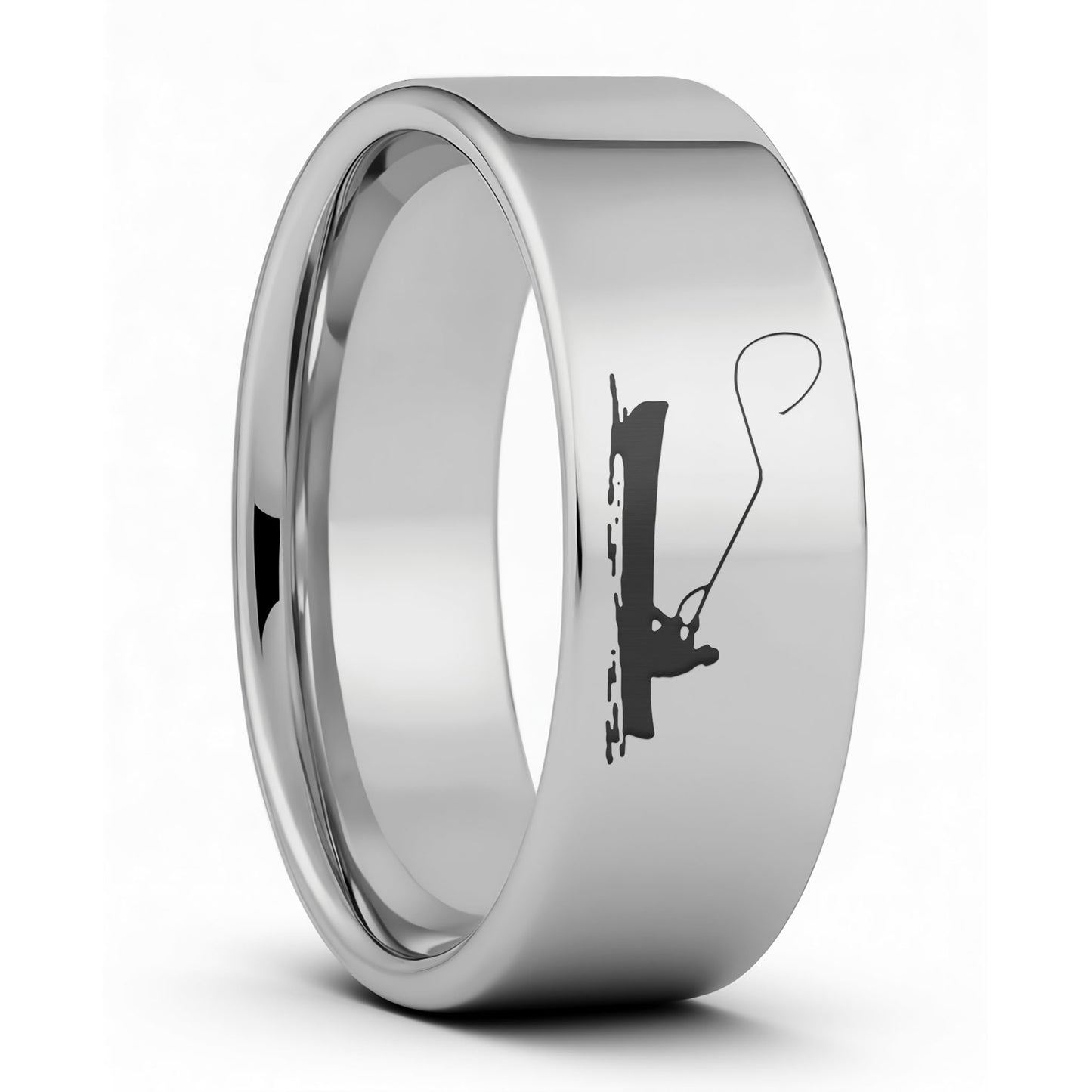 One Fisherman Boat Scene Tungsten Men's Wedding Band displayed on a plain white background