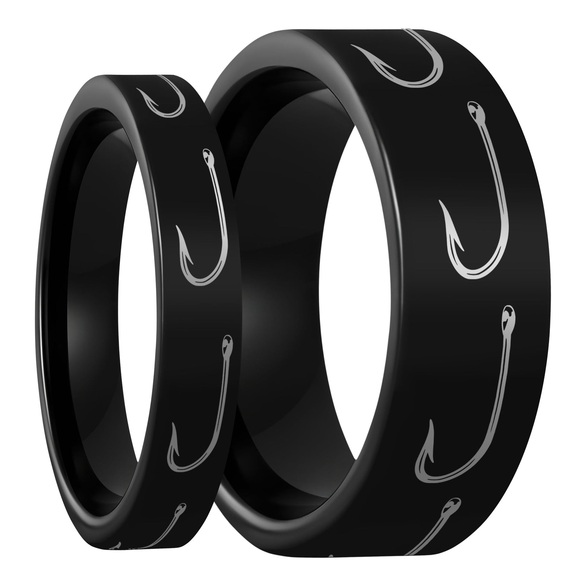 Fishing Hook Black Tungsten Couple's Matching Wedding Band Set Fishing Hook Black Tungsten Couple's Matching Wedding Band Set