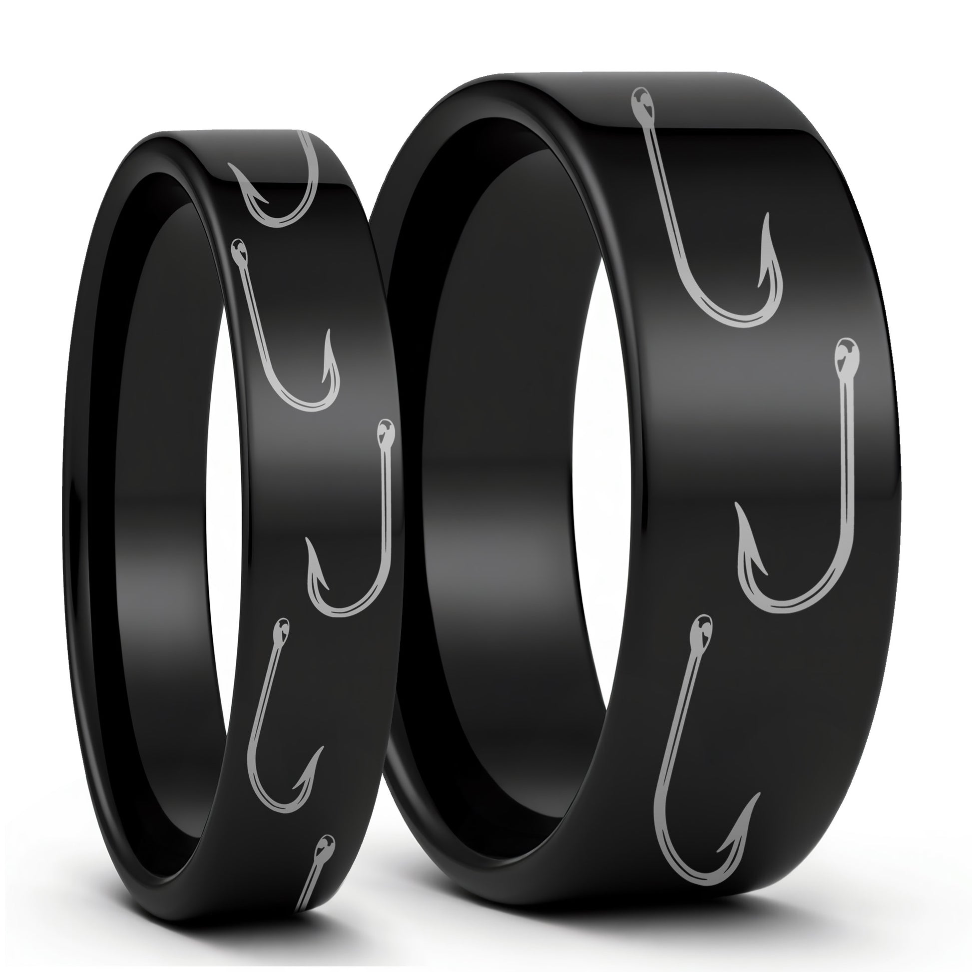 Fishing Hook Black Tungsten Couple's Matching Wedding Band Set
