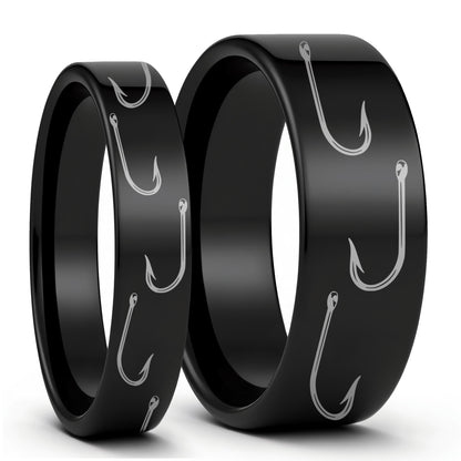 One Fishing Hook Black Tungsten Couple's Matching Wedding Band Set displayed on a plain white background