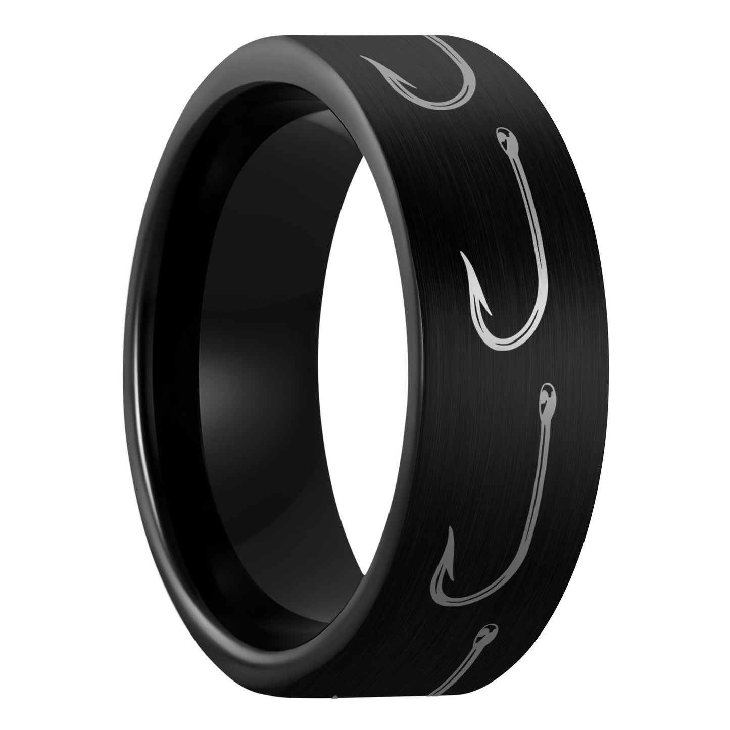 A fishing hook brushed black tungsten men's wedding band displayed on a plain white background.