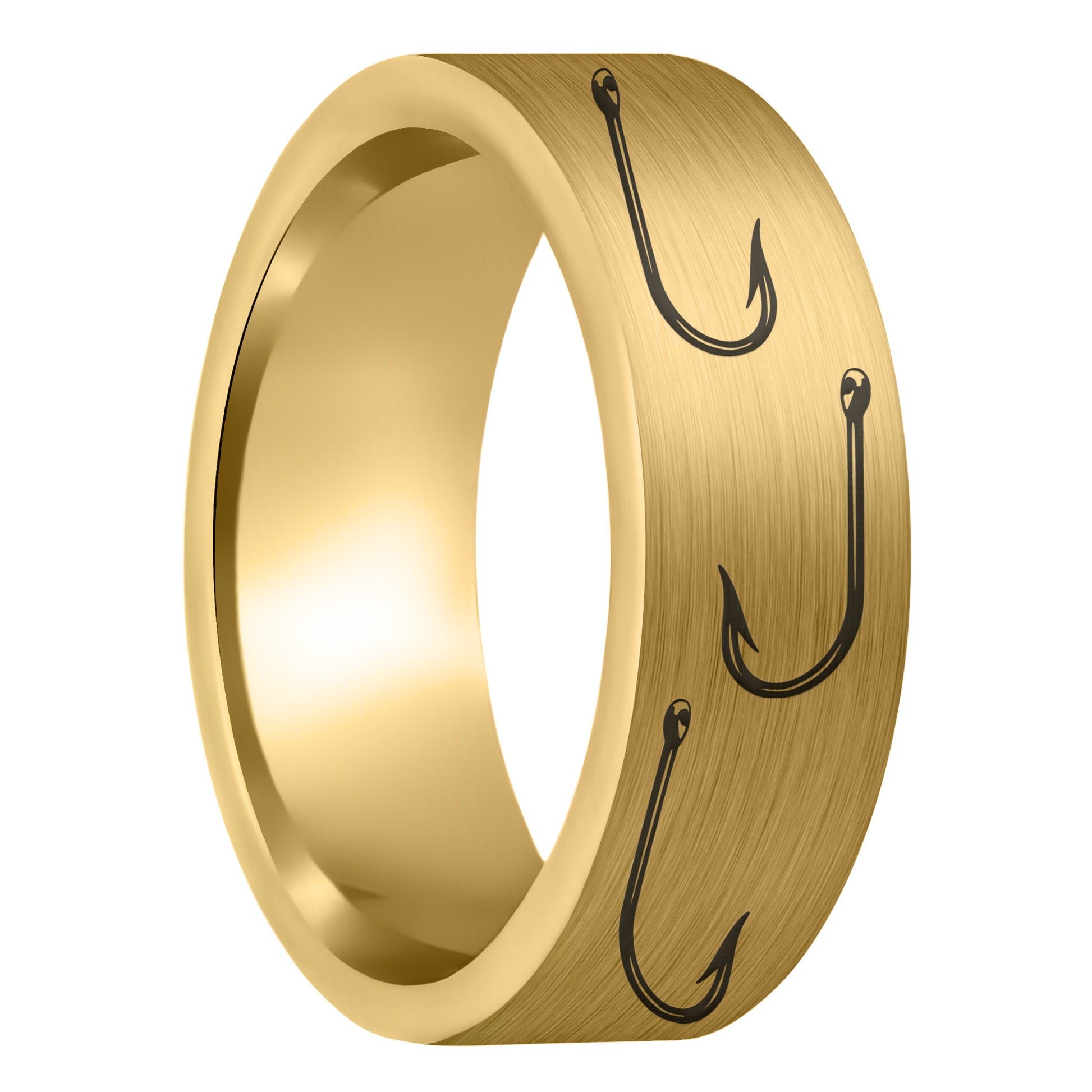 A fishing hook brushed gold tungsten men's wedding band displayed on a plain white background.