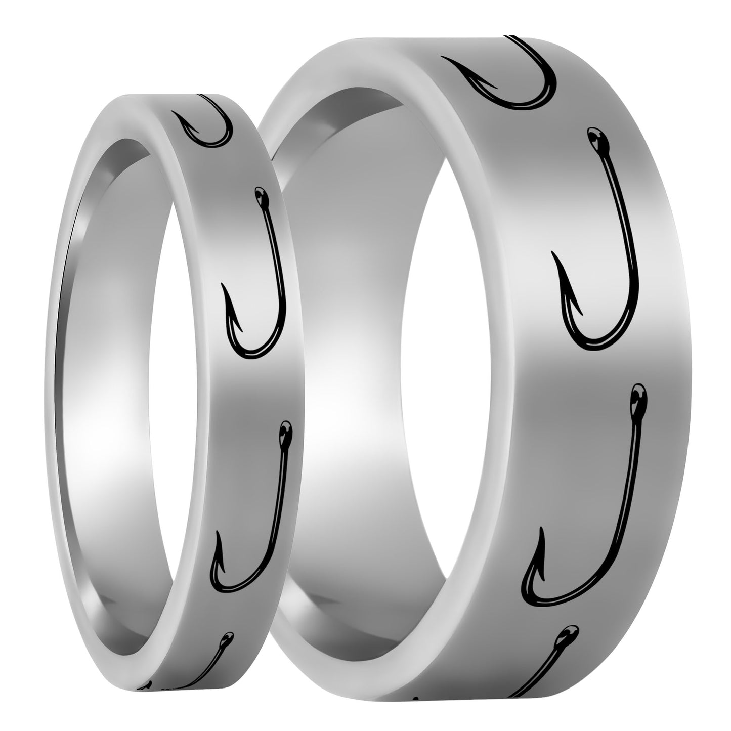 One Fishing Hook Tungsten Couple's Matching Wedding Band Set displayed on a plain white background