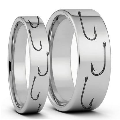 One Fishing Hook Tungsten Couple's Matching Wedding Band Set displayed on a plain white background