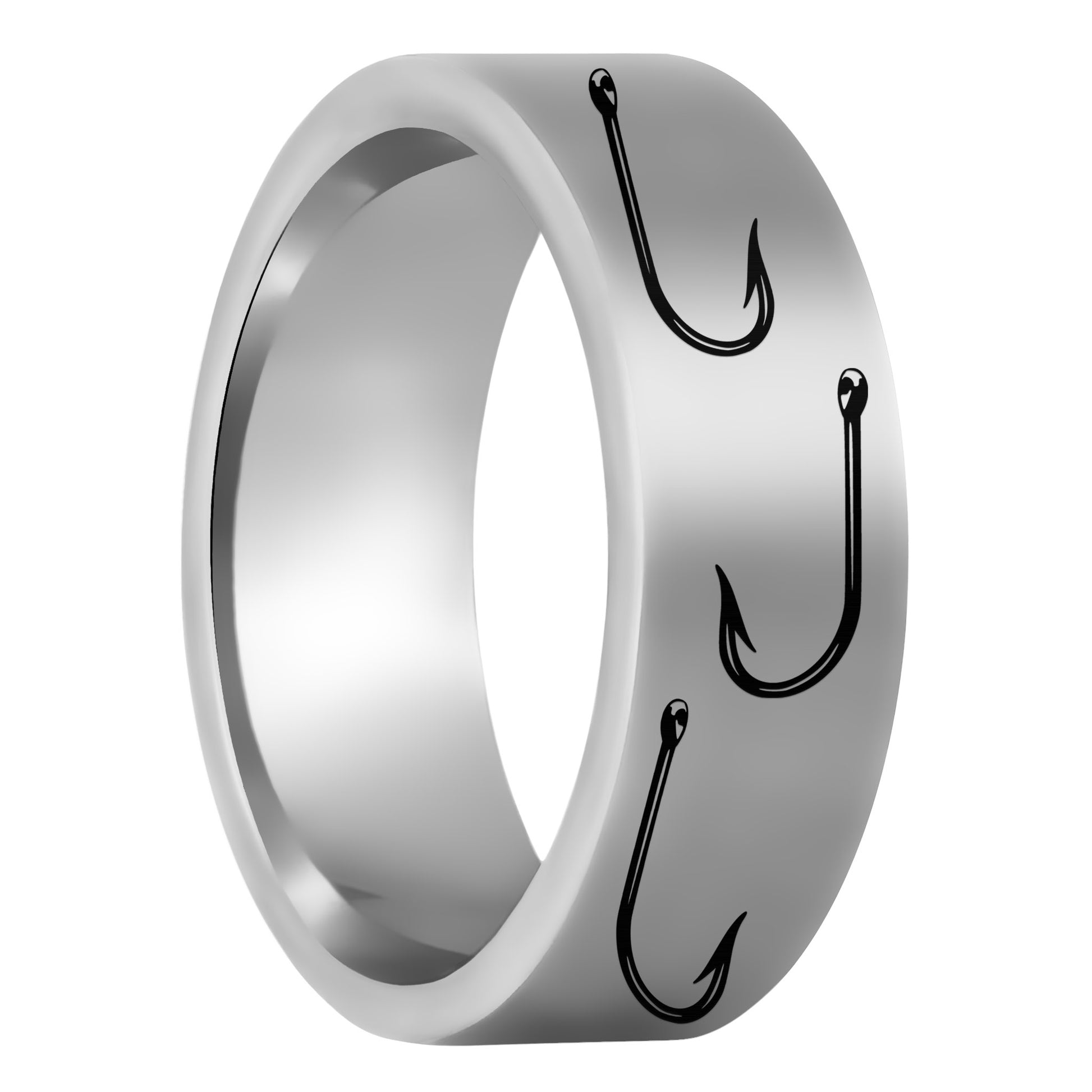 One Fishing Hook Tungsten Men's Wedding Band displayed on a plain white background
