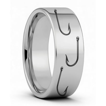 One Fishing Hook Tungsten Men's Wedding Band displayed on a plain white background