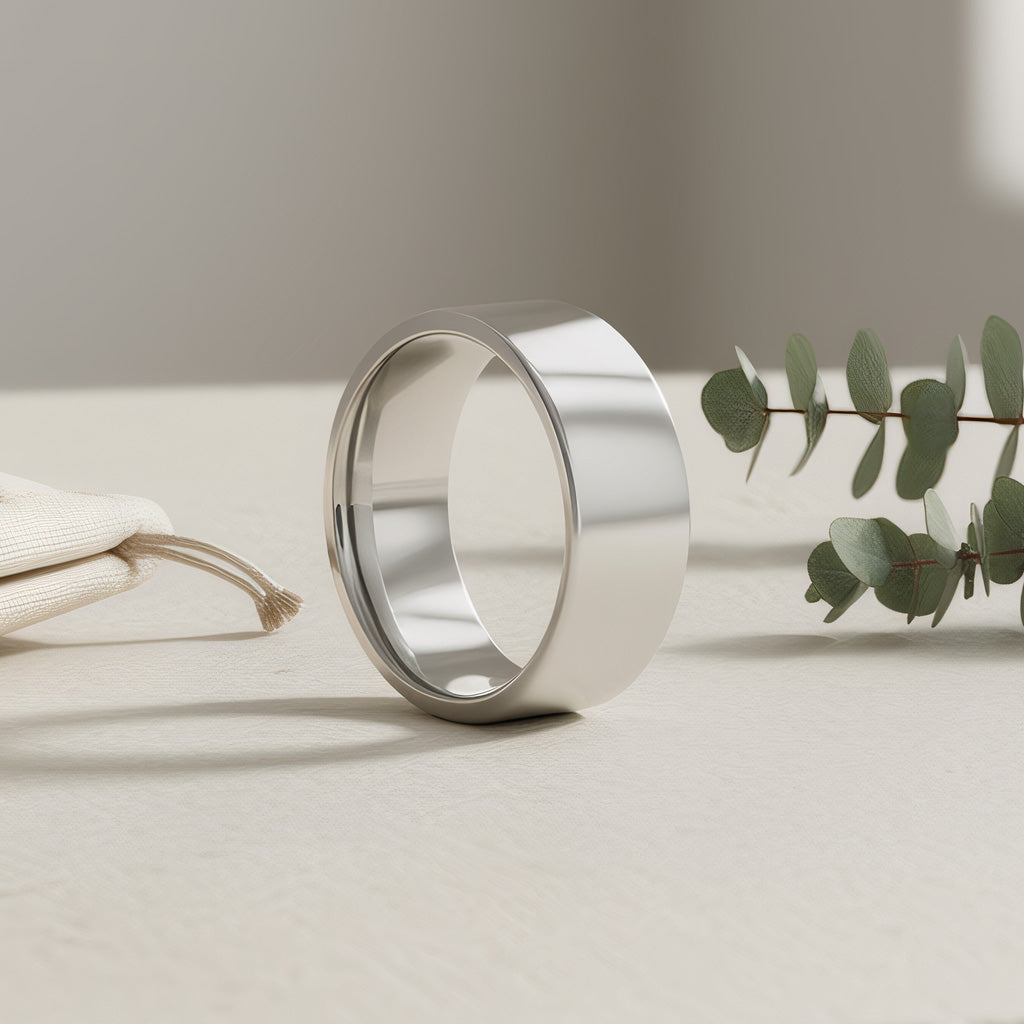 A polished silver band ring standing upright on a light beige surface, with a small white pouch on the left and green eucalyptus leaves on the right in a softly lit studio setting.