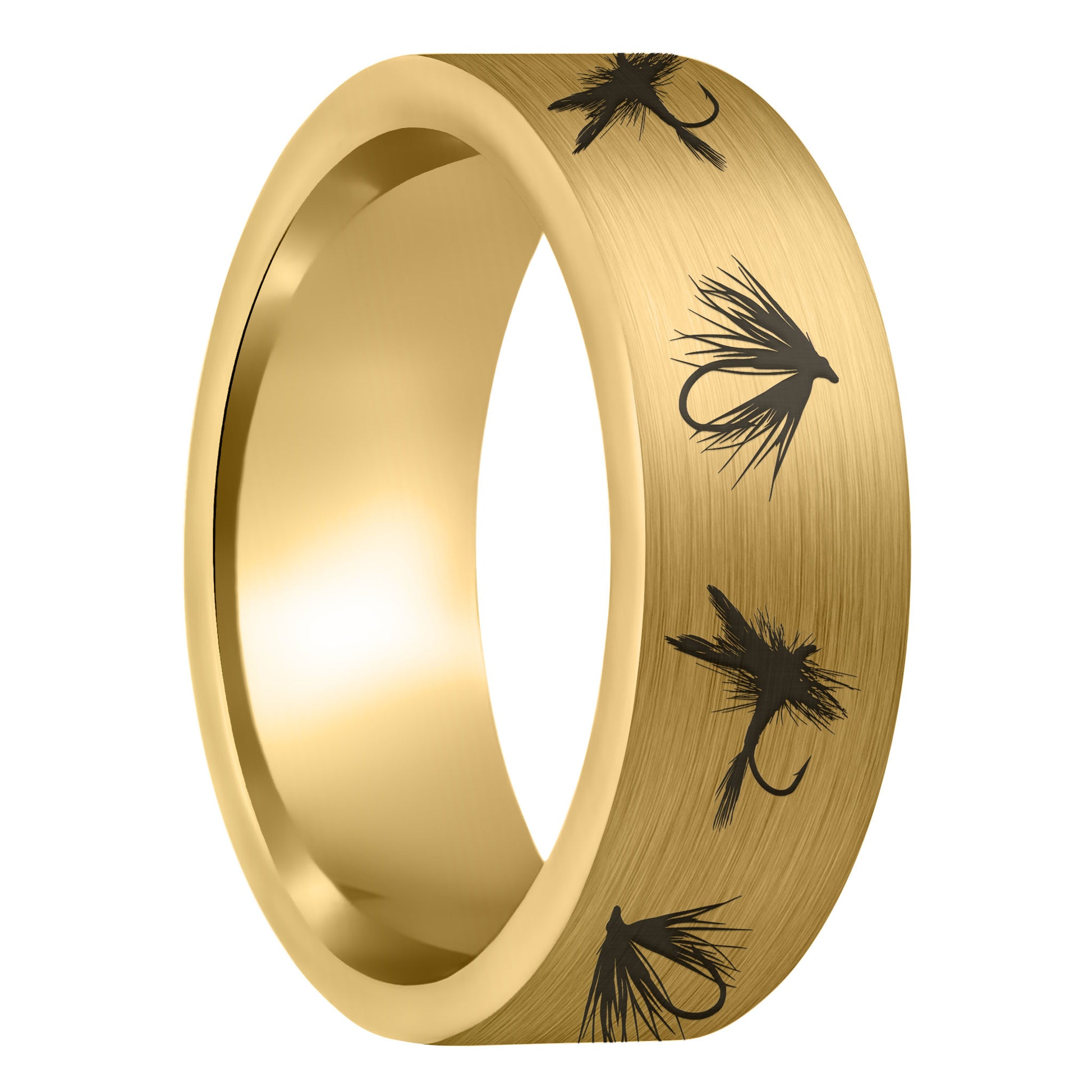 A fly fishing lures brushed gold tungsten men's wedding band displayed on a plain white background.