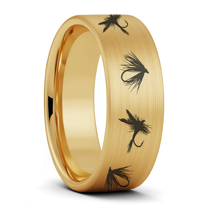 A fly fishing lures brushed gold tungsten men's wedding band displayed on a plain white background.