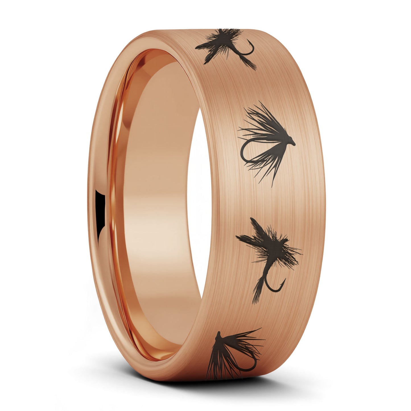 A fly fishing lures brushed rose gold tungsten men's wedding band displayed on a plain white background.