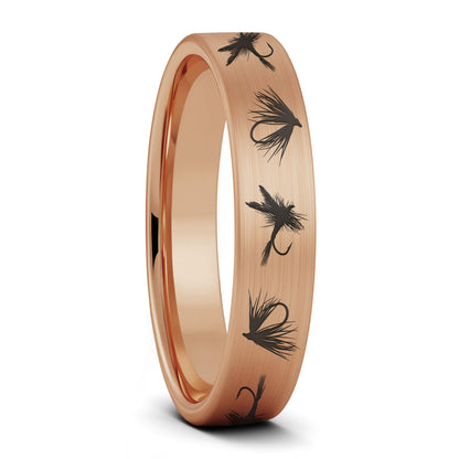 A fly fishing lures brushed rose gold tungsten women's wedding band displayed on a plain white background.