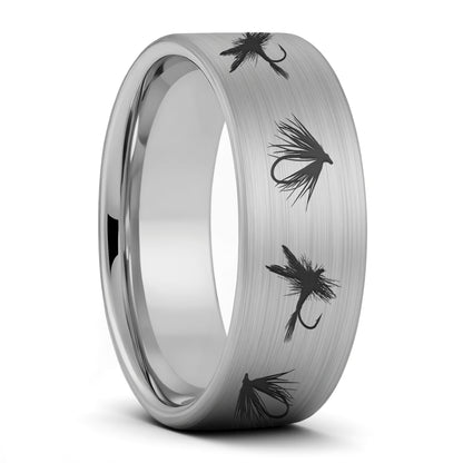 Fly Fishing Lures Brushed Tungsten Men's Wedding Band