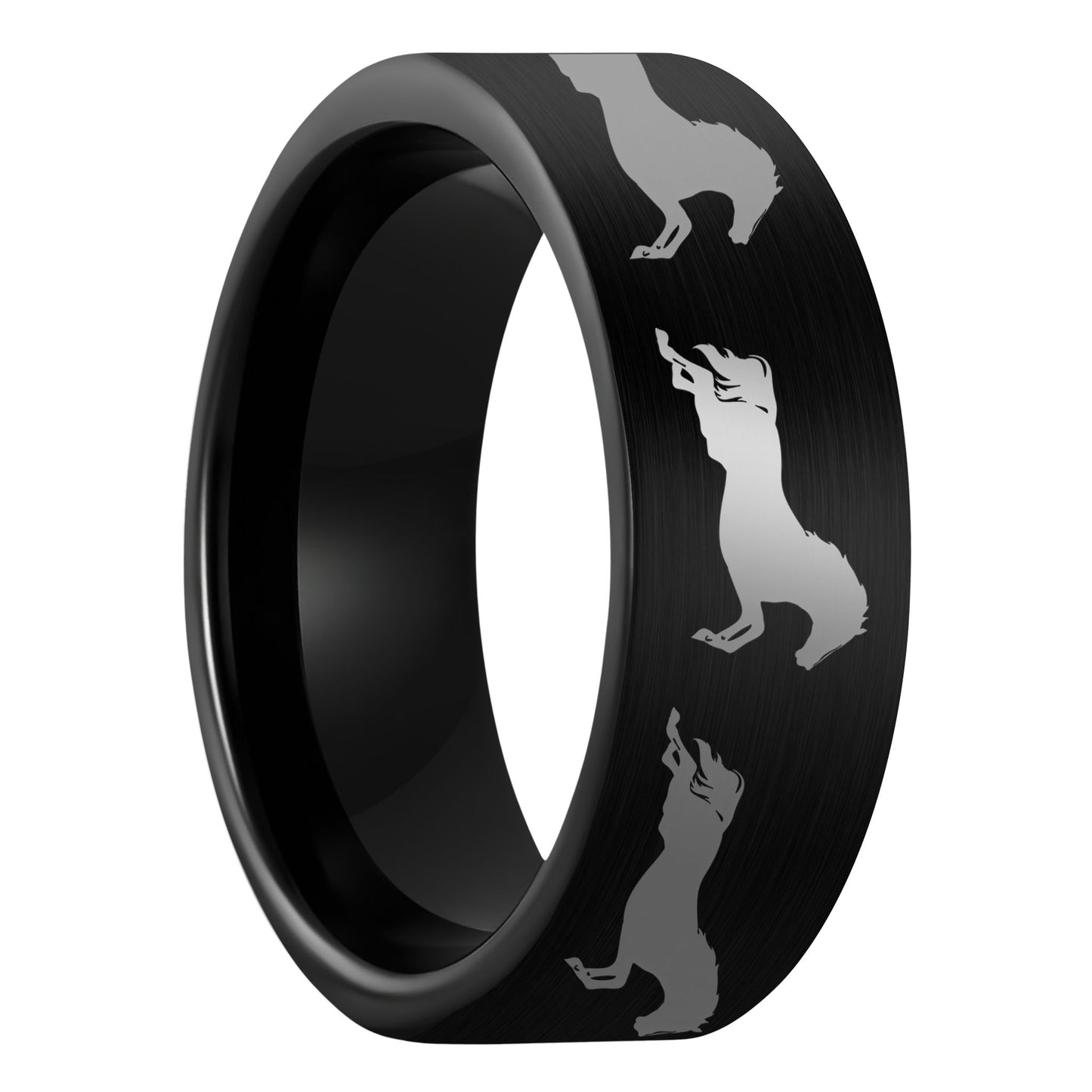 A galloping horses brushed black tungsten men's wedding band displayed on a plain white background.