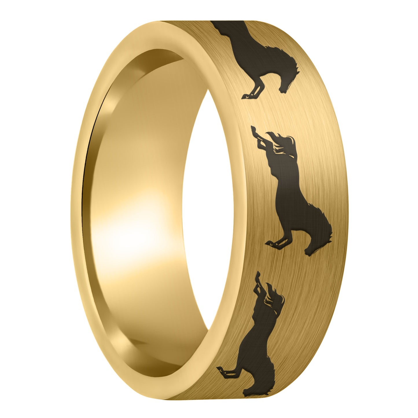 A galloping horses brushed gold tungsten men's wedding band displayed on a plain white background.